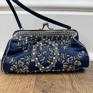 Santi Beaded Satin Frame Clutch Women OS Navy Blue